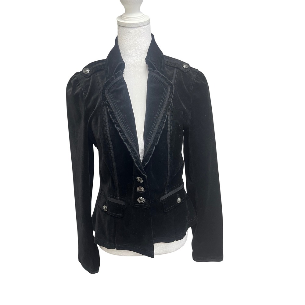 White House Black Market Velvet Blazer Womens Sz 6 Black Ruffle Military Jacket
